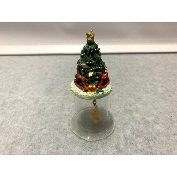 Christmas Tree Bell Glass Dome Teddy Bear Hanging - Picture 1 of 5